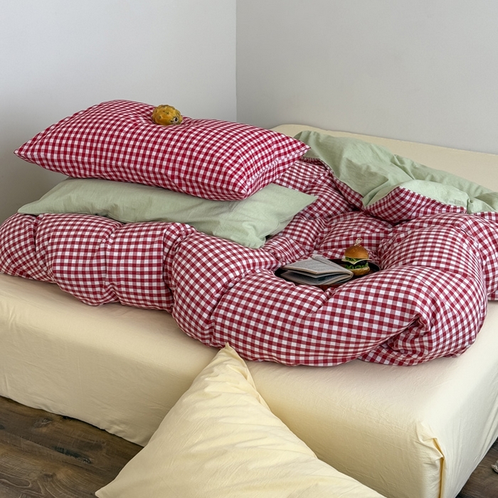 91家纺网 家纺一手货源 找家纺 （总）艾沁2025新款全棉色织水洗棉西瓜色撞色四件套