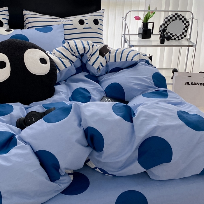 91家纺网 家纺一手货源 找家纺 吉象 2025新款大眼睛毛巾绣四件套 大眼睛-波点魅惑蓝