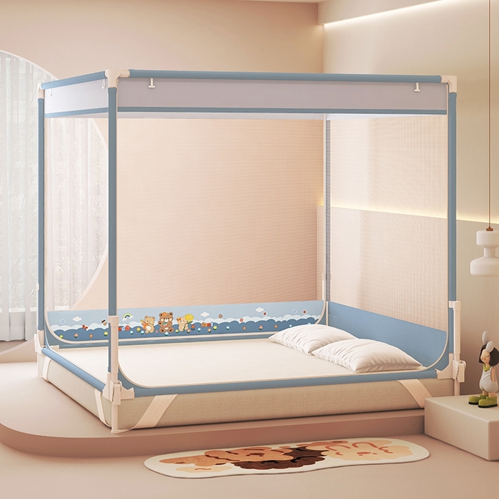 91家纺网 家纺一手货源 找家纺 迪凡保罗蚊帐 2025新款2508围栏级防摔数码印花坐床蚊帐 蓝灰