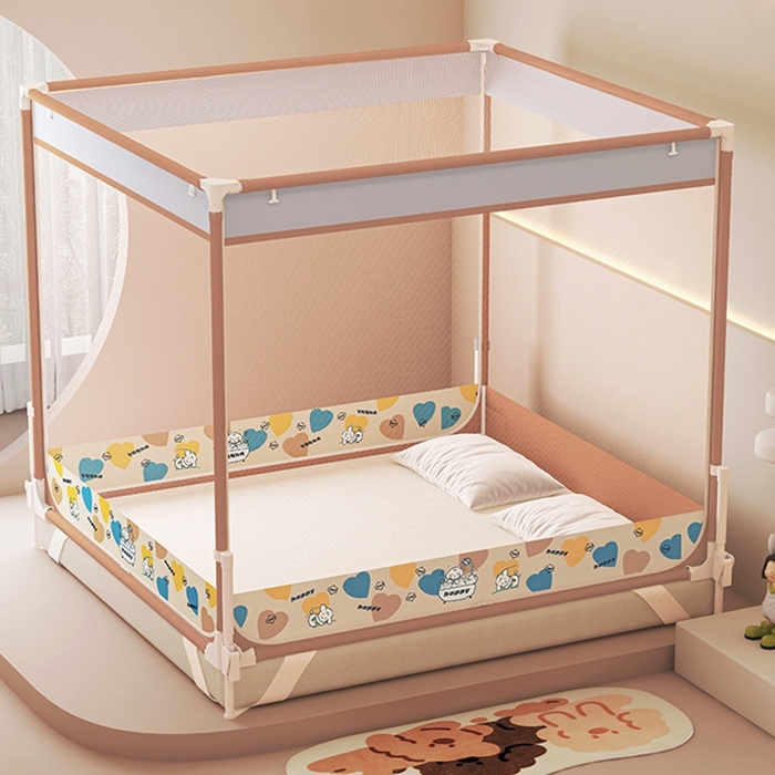 91家纺网 家纺一手货源 找家纺 迪凡保罗蚊帐 2025新款2508围栏级防摔数码印花坐床蚊帐 驼色