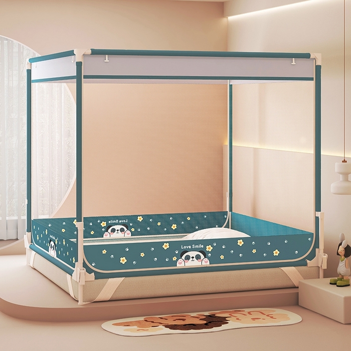 91家纺网 家纺一手货源 找家纺 迪凡保罗蚊帐 2025新款2508围栏级防摔数码印花坐床蚊帐 海岛蓝