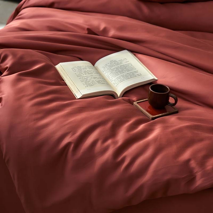 91家纺网 家纺一手货源 找家纺 咏绒家纺工厂店 2025新款60支奥地利兰精天丝纯色天丝棉四件套 朱砂红（酒红）