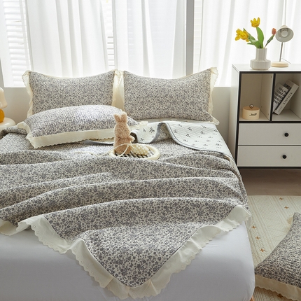 2025新款A类全棉双层纱花边床盖（ 风格一） 浅影--灰