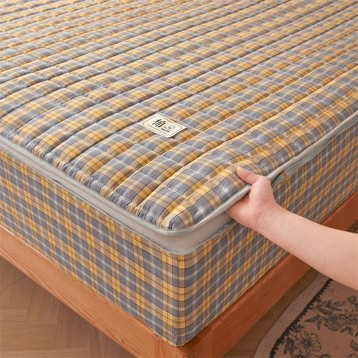 91家纺网 家纺一手货源 找家纺 伊人坊2025新款全棉色织水洗棉六面全包床笠床垫保护套无印风 单层床围-黄调格