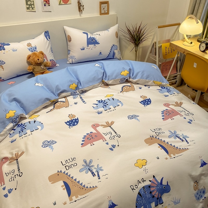 91家纺网 家纺一手货源 找家纺 吉象家纺13070全棉四件套纯棉四件套直播小清新男孩女趣味恐龙