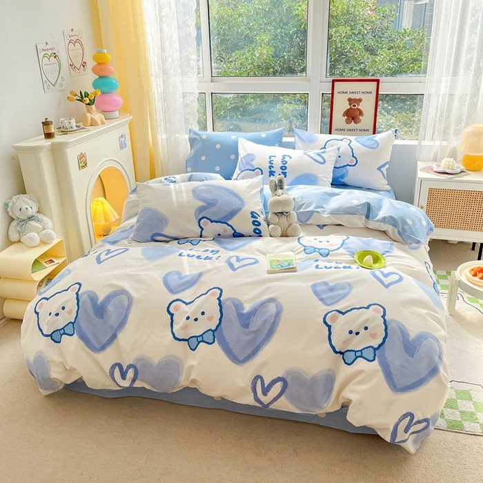 91家纺网 家纺一手货源 找家纺 吉象家纺13070全棉四件套纯棉四件套直播小清新男孩女兰心小熊