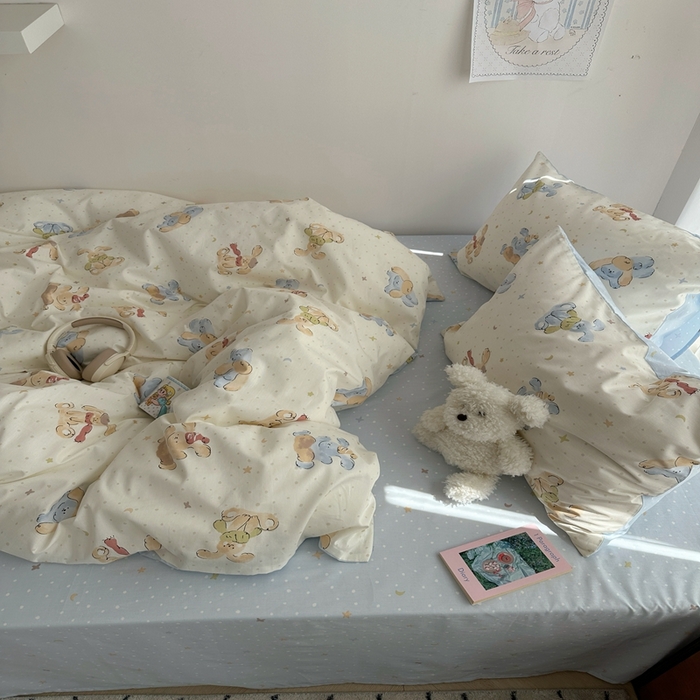 91家纺网 家纺一手货源 找家纺 尺素 2025新款全棉卡通可爱儿童四件套纯棉活性A类被套学生宿舍三件套1.8床笠双人床单 米团兔