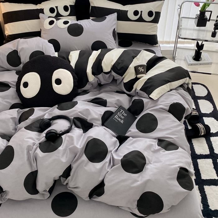 91家纺网 家纺一手货源 找家纺 吉象 2025新款大眼睛毛巾绣四件套 大眼睛-波点魅惑黑