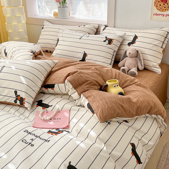 91家纺网 家纺一手货源 找家纺 吉象家纺13070全棉四件套纯棉四件套直播小清新男孩女腊肠犬