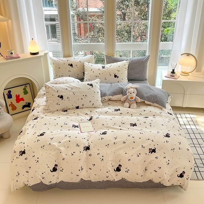 91家纺网 家纺一手货源 找家纺 吉象家纺13070全棉四件套纯棉四件套直播小清新男孩女小黑猫