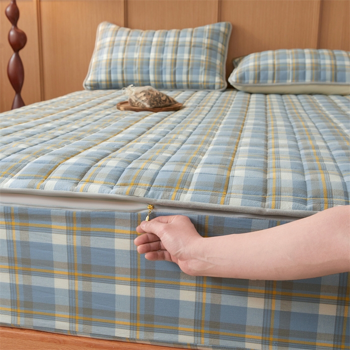 91家纺网 家纺一手货源 找家纺 伊人坊2025新款全棉色织水洗棉六面全包床笠床垫保护套无印风 单层床围-简兮蓝