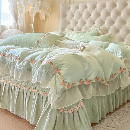 瑞宝 2025新款全棉法式花边贡缎提花四件套-布蕾（控价床单 270起 床盖 300起） 布蕾-青柠绿