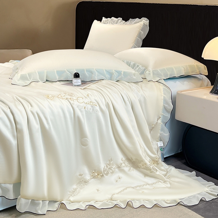 91家纺网 家纺一手货源 找家纺 梦舒羽 2025新款刺绣水洗真丝花边夏被四件套宿舍夏凉被床单枕套三件套-花韵花边款 花韵-蓝（花边款）