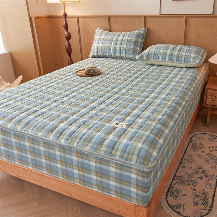 91家纺网 家纺一手货源 找家纺 伊人坊2025新款全棉色织水洗棉六面全包床笠床垫保护套无印风 单层床围-简兮蓝