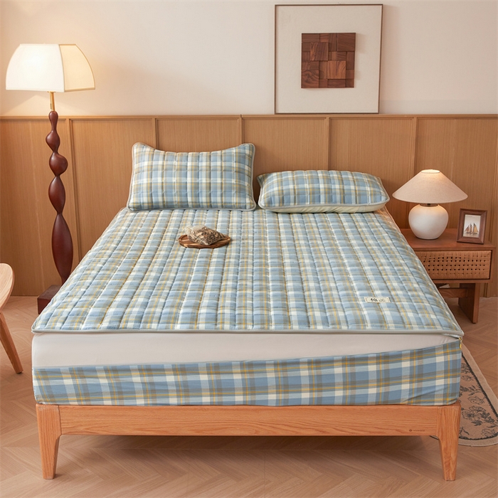 91家纺网 家纺一手货源 找家纺 伊人坊2025新款全棉色织水洗棉六面全包床笠床垫保护套无印风 单层床围-简兮蓝