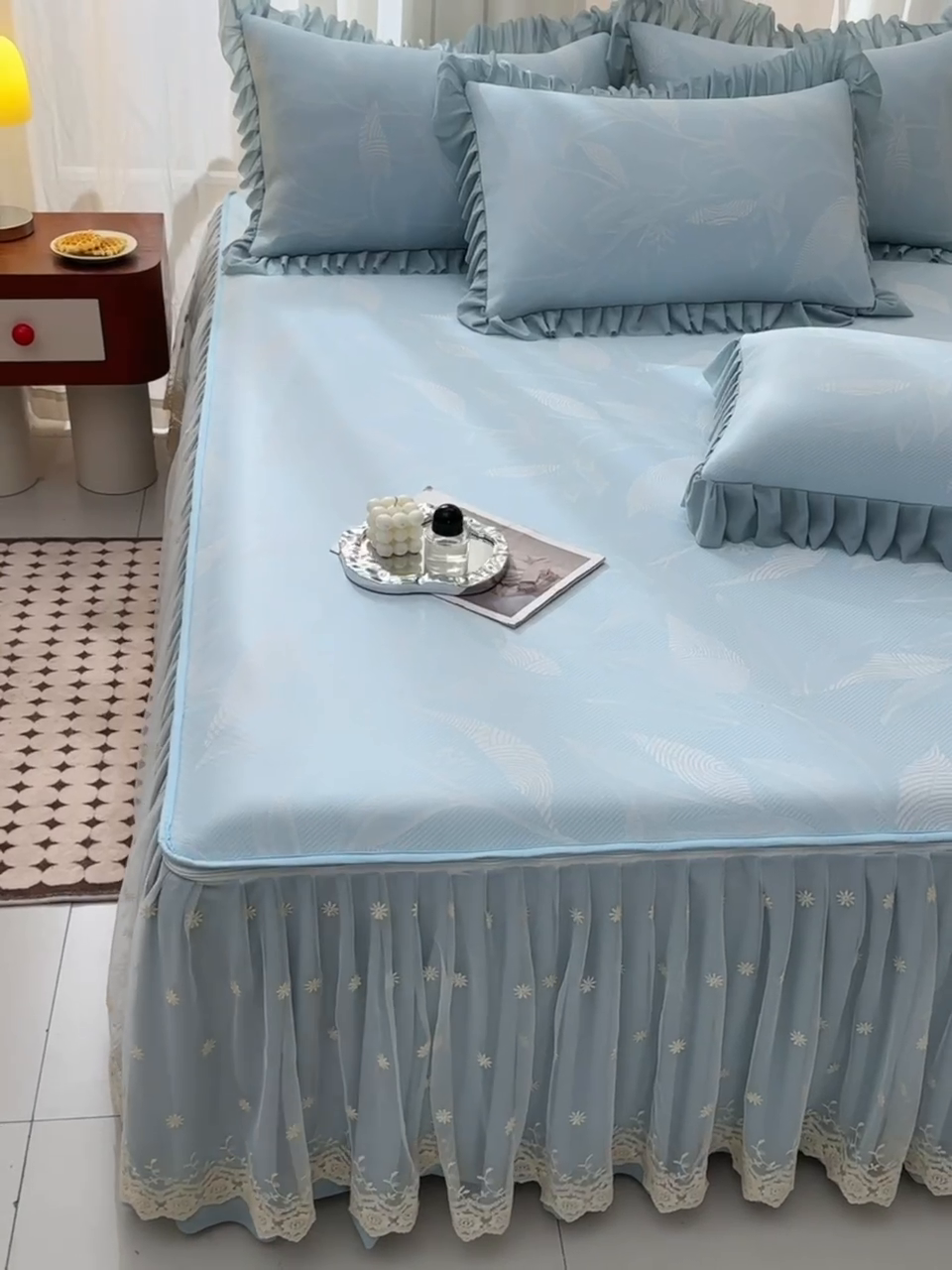 91家纺网 家纺一手货源 找家纺 家之硕家纺 2025春夏新款凉感提花凉席三件套-夏日清凉系列 夏日清凉---蓝