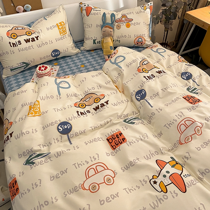 91家纺网 家纺一手货源 找家纺 吉象家纺13070全棉四件套纯棉四件套直播小清新男孩女汽车向导