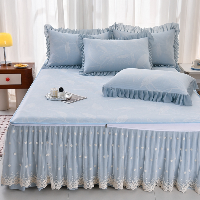 91家纺网 家纺一手货源 找家纺 家之硕家纺 2025春夏新款凉感提花凉席三件套-夏日清凉系列 夏日清凉---蓝