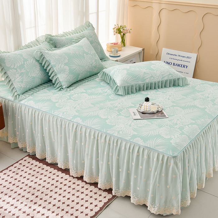 91家纺网 家纺一手货源 找家纺 家之硕家纺 2025春夏新款凉感提花凉席三件套-夏日清凉系列 夏日清凉---绿