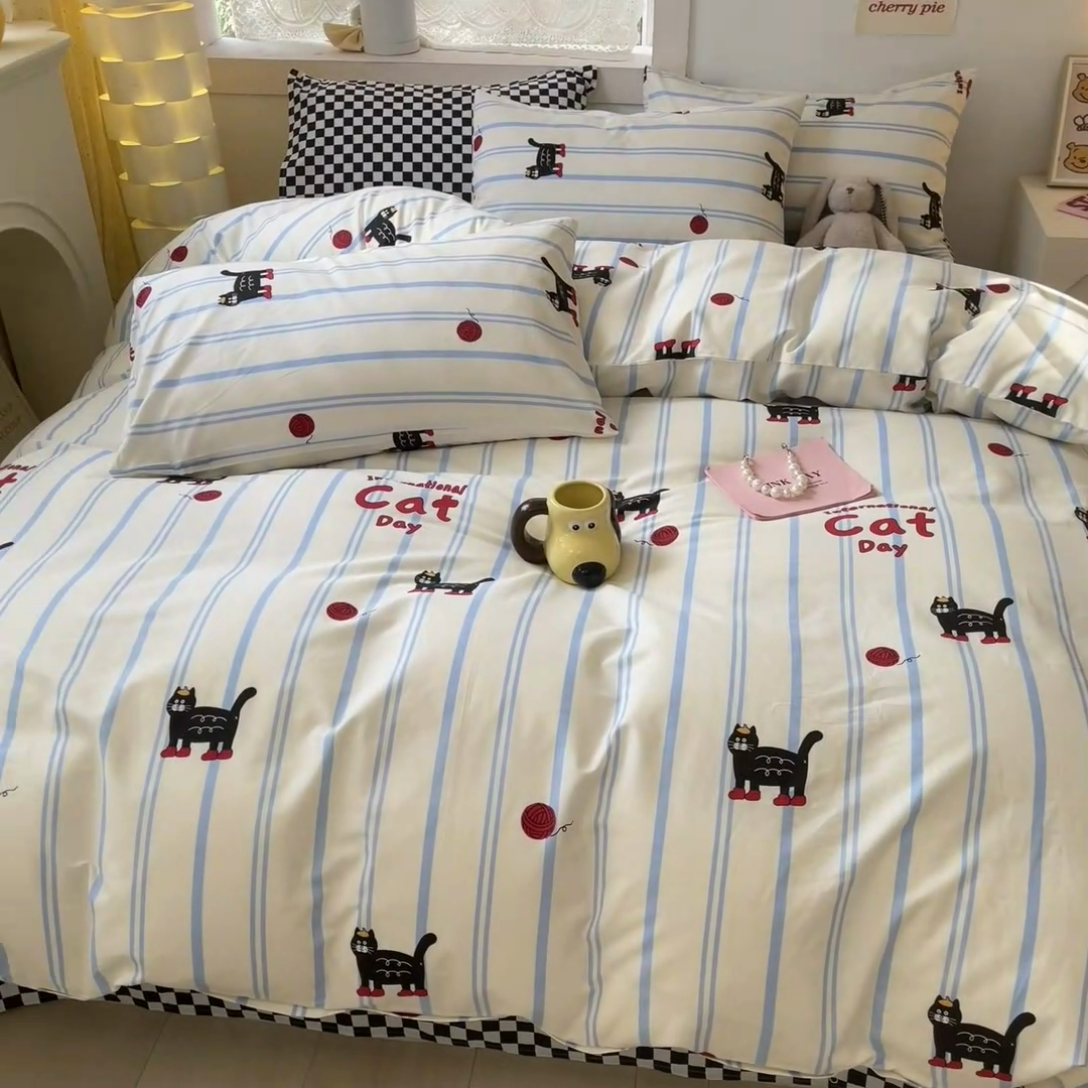 91家纺网 家纺一手货源 找家纺 吉象家纺13070全棉四件套纯棉四件套直播小清新男孩女cat猫