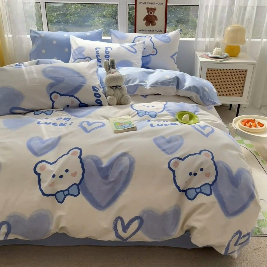 91家纺网 家纺一手货源 找家纺 吉象家纺13070全棉四件套纯棉四件套直播小清新男孩女兰心小熊