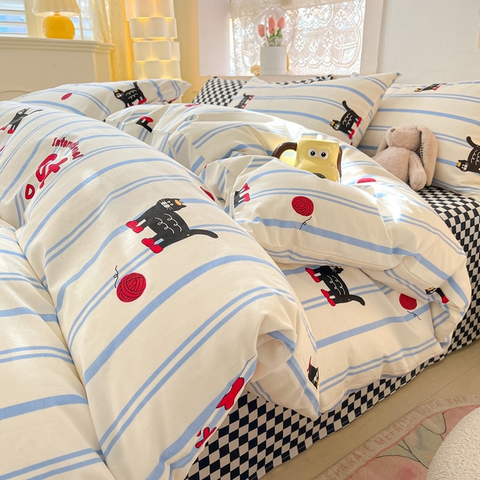 91家纺网 家纺一手货源 找家纺 吉象家纺13070全棉四件套纯棉四件套直播小清新男孩女cat猫