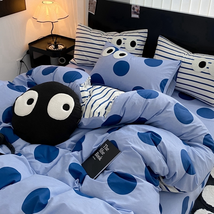 91家纺网 家纺一手货源 找家纺 吉象 2025新款大眼睛毛巾绣四件套 大眼睛-波点魅惑蓝