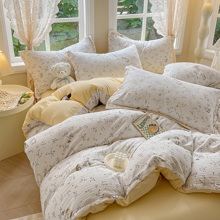 91家纺网 家纺一手货源 找家纺 壹号库 2025新款A类提花有氧彩竺绵四件套 田园小兔