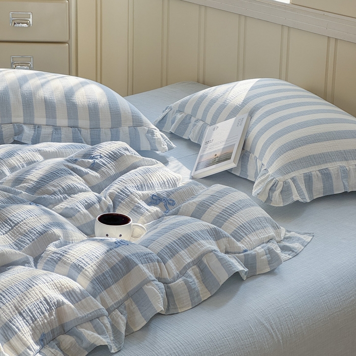 91家纺网 家纺一手货源 找家纺 2025新品全棉色织皱皱纱刺绣款四件套 爱丽丝的梦 兰