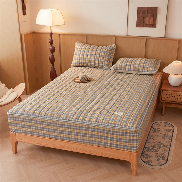 91家纺网 家纺一手货源 找家纺 伊人坊2025新款全棉色织水洗棉六面全包床笠床垫保护套无印风 单层床围-黄调格