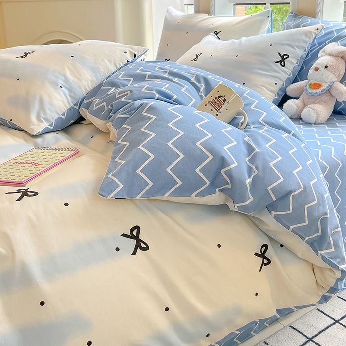 91家纺网 家纺一手货源 找家纺 吉象家纺13070全棉四件套纯棉四件套直播小清新男孩女蓝茵