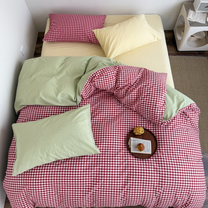 91家纺网 家纺一手货源 找家纺 （总）艾沁2025新款全棉色织水洗棉西瓜色撞色四件套