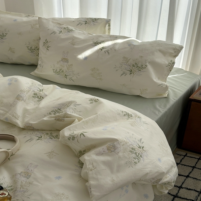 91家纺网 家纺一手货源 找家纺 尺素 2025新款全棉卡通可爱儿童四件套纯棉活性A类被套学生宿舍三件套1.8床笠双人床单 薄荷小兔