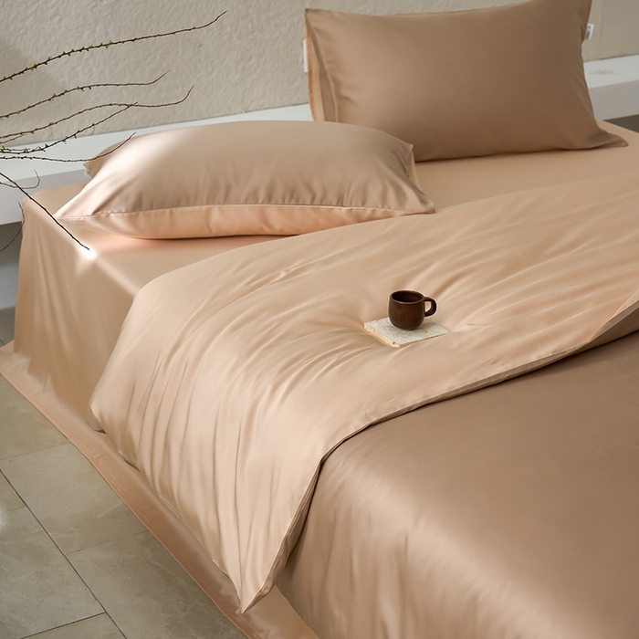 91家纺网 家纺一手货源 找家纺 咏绒家纺工厂店 2025新款60支奥地利兰精天丝纯色天丝棉四件套 茶棕（淡雅米-风衣米）