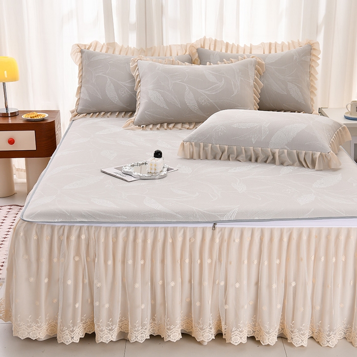 91家纺网 家纺一手货源 找家纺 家之硕家纺 2025春夏新款凉感提花凉席三件套-夏日清凉系列 夏日清凉---咖色