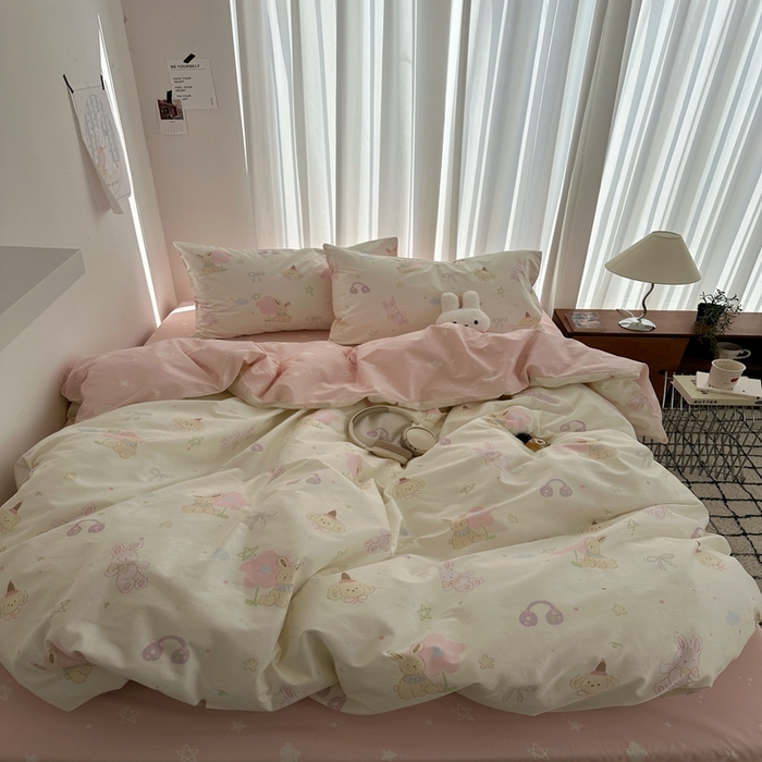 91家纺网 家纺一手货源 找家纺 尺素 2025新款全棉卡通可爱儿童四件套纯棉活性A类被套学生宿舍三件套1.8床笠双人床单 甜豆星球