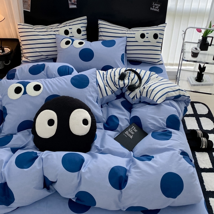 91家纺网 家纺一手货源 找家纺 吉象 2025新款大眼睛毛巾绣四件套 大眼睛-波点魅惑蓝