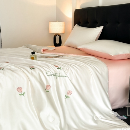 绒世界 2025春夏水洗冰丝夏被四件套满绣系列 郁金香-奶白粉