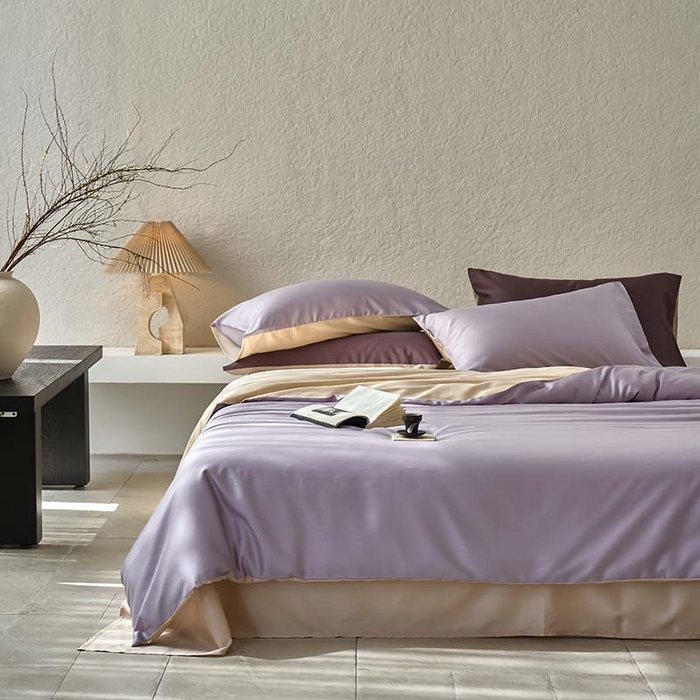 91家纺网 家纺一手货源 找家纺 咏绒家纺工厂店 2025新款60支奥地利兰精天丝纯色天丝棉四件套 紫缇（紫缇-小麦色）