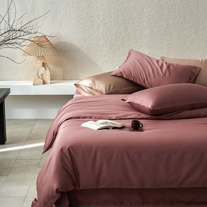 91家纺网 家纺一手货源 找家纺 咏绒家纺工厂店 2025新款60支奥地利兰精天丝纯色天丝棉四件套 覆盆子（芋泥豆沙）