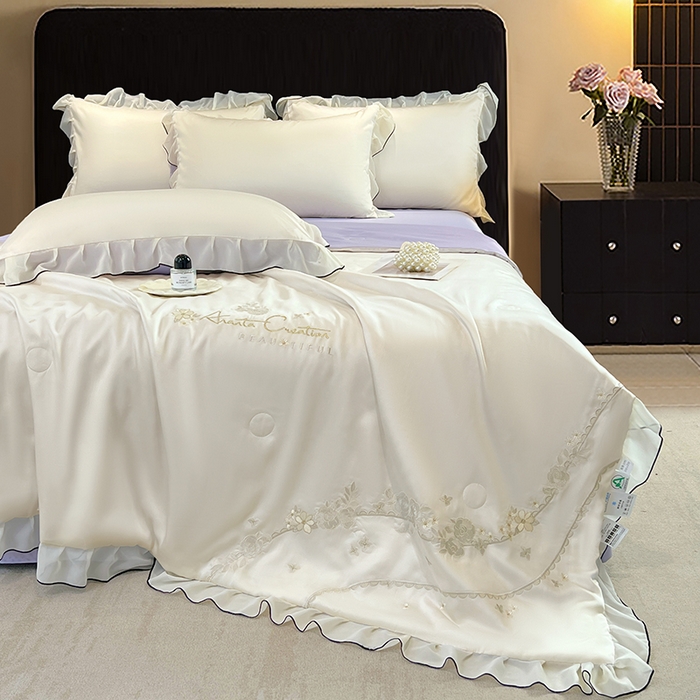 91家纺网 家纺一手货源 找家纺 梦舒羽 2025新款刺绣水洗真丝花边夏被四件套宿舍夏凉被床单枕套三件套-花韵花边款 花韵-紫（花边款）