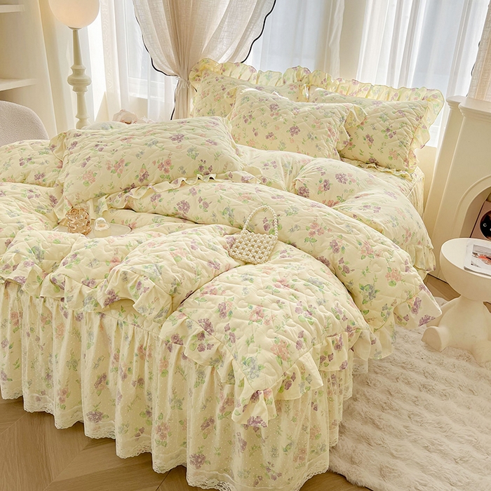 91家纺网 家纺一手货源 找家纺 宜凡家纺 2025新款糯糯棉全夹棉床笠式床裙四件套 漫花香