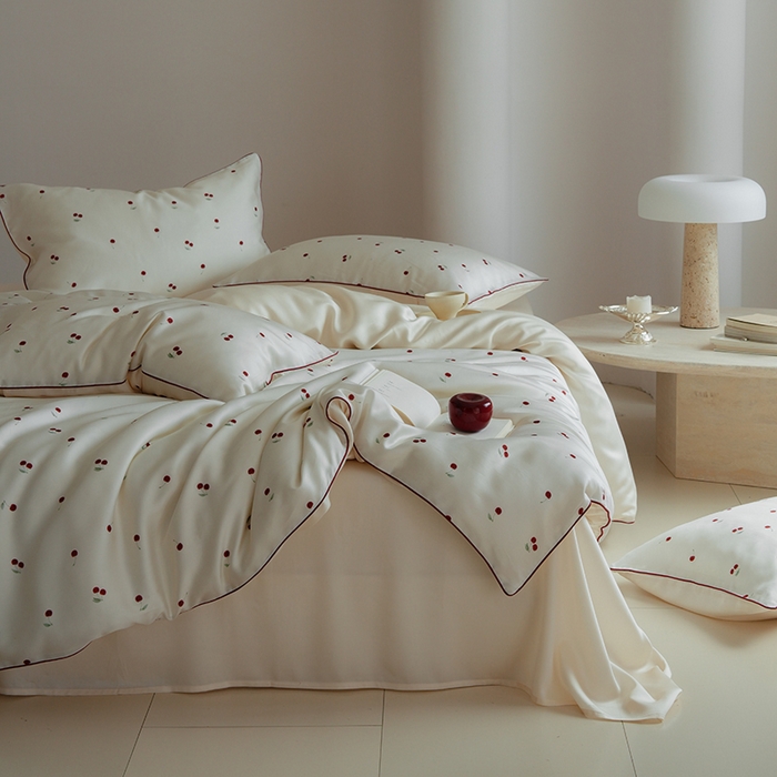 91家纺网 家纺一手货源 找家纺 简纯主义 2025新款兰精天丝印花四件套 樱桃白