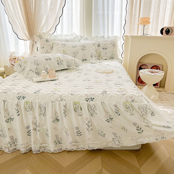 91家纺网 家纺一手货源 找家纺 宜凡家纺 2025新款糯糯棉全夹棉床笠式床裙三件套 花季浅吟