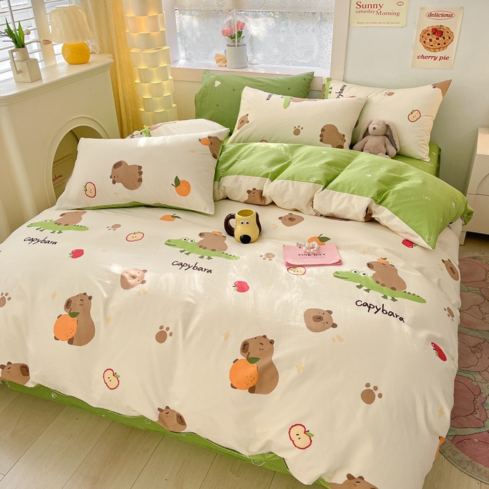 91家纺网 家纺一手货源 找家纺 吉象家纺13070全棉四件套纯棉四件套直播小清新男孩女卡皮巴拉