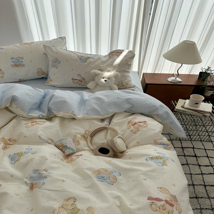 91家纺网 家纺一手货源 找家纺 尺素 2025新款全棉卡通可爱儿童四件套纯棉活性A类被套学生宿舍三件套1.8床笠双人床单 米团兔