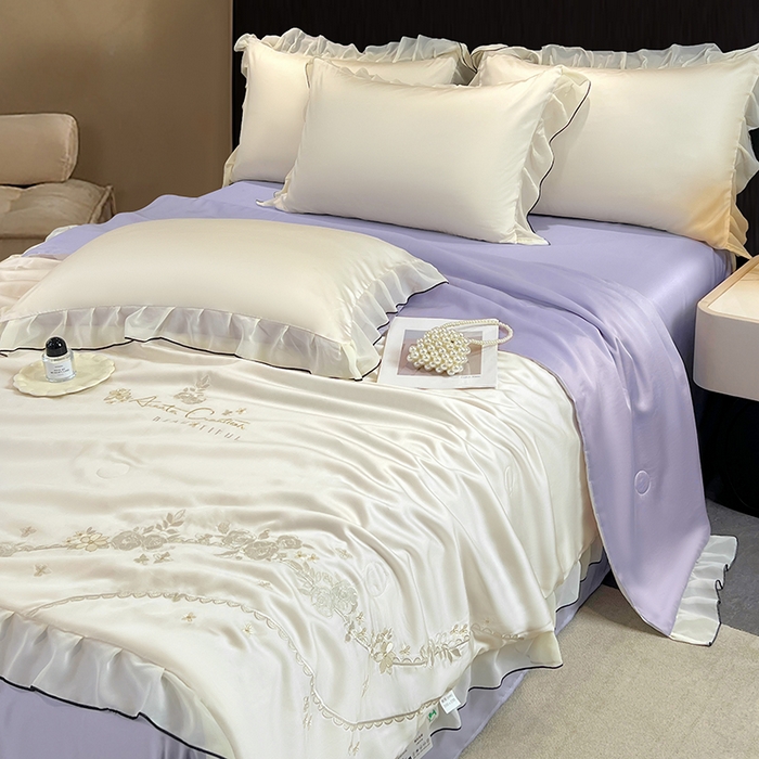 91家纺网 家纺一手货源 找家纺 梦舒羽 2025新款刺绣水洗真丝花边夏被四件套宿舍夏凉被床单枕套三件套-花韵花边款 花韵-紫（花边款）