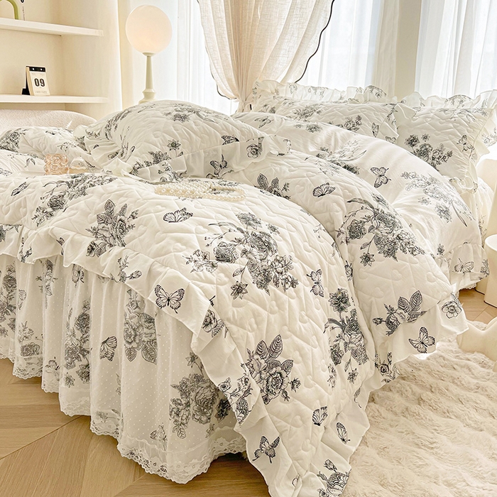 91家纺网 家纺一手货源 找家纺 宜凡家纺 2025新款糯糯棉全夹棉床笠式床裙三件套 春风舞动