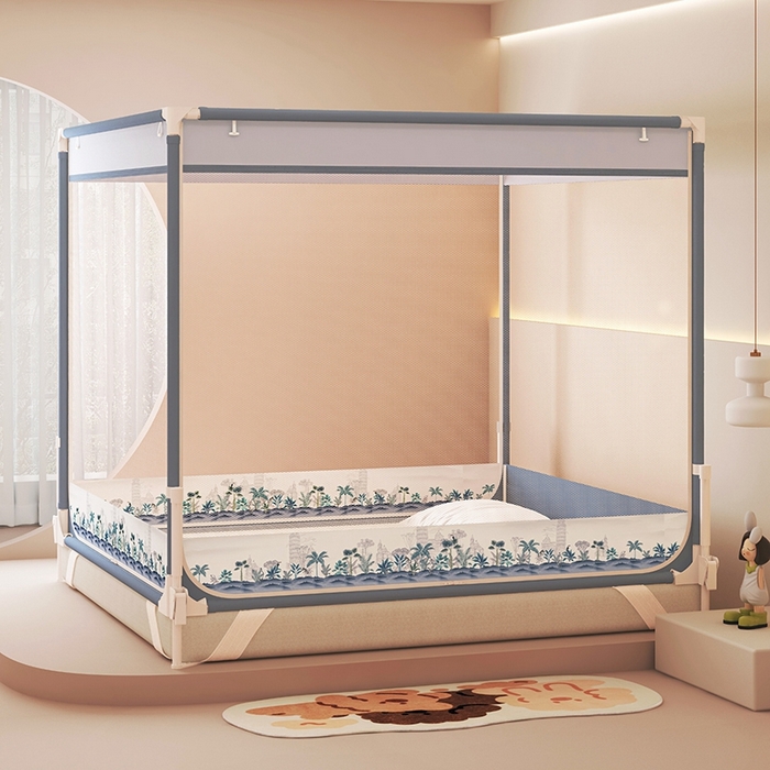 91家纺网 家纺一手货源 找家纺 迪凡保罗蚊帐 2025新款2508围栏级防摔数码印花坐床蚊帐 月光灰