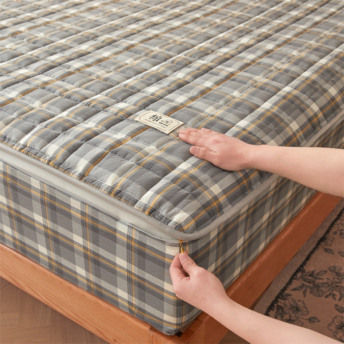 91家纺网 家纺一手货源 找家纺 伊人坊2025新款全棉色织水洗棉六面全包床笠床垫保护套无印风 单层床围-诺卡格